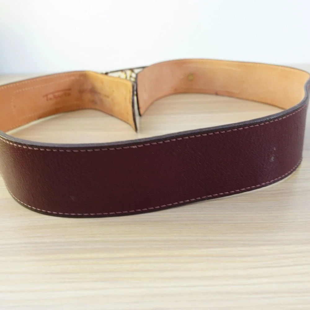 90s VINTAGE Talbots Belt Womens Medium Leather Gold Dress Western Logo Holiday